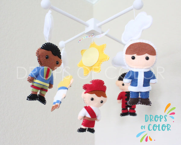 It's a Small World Mobile, Baby Crib Mobile, Nursery Wall Decor, Boys around the World