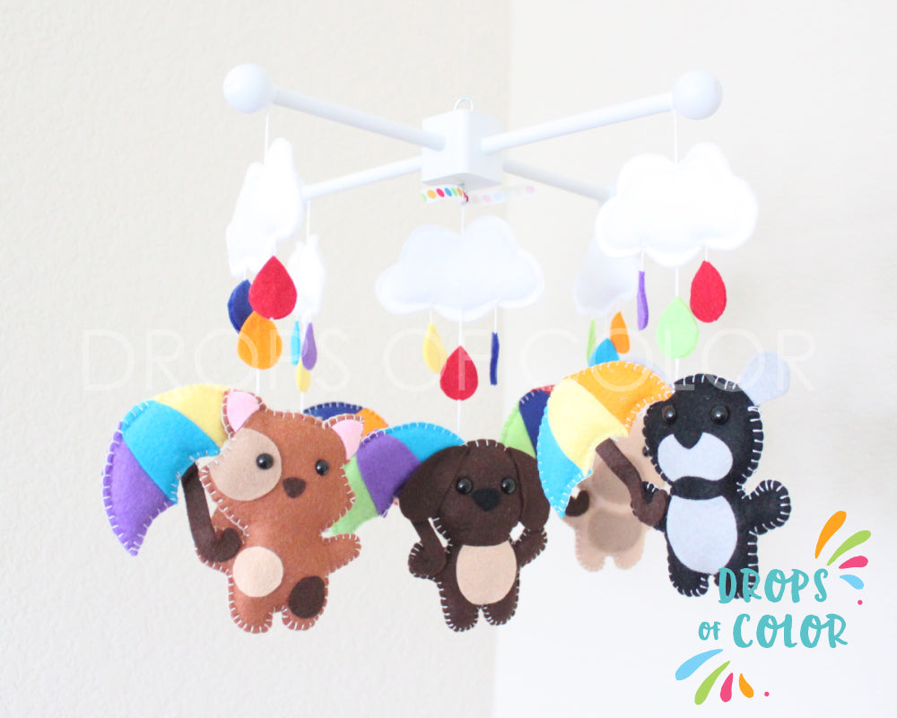 Raindrops Pets Mobile, Baby Crib Mobile, Nursery Decor Its Raining Cats and Dogs