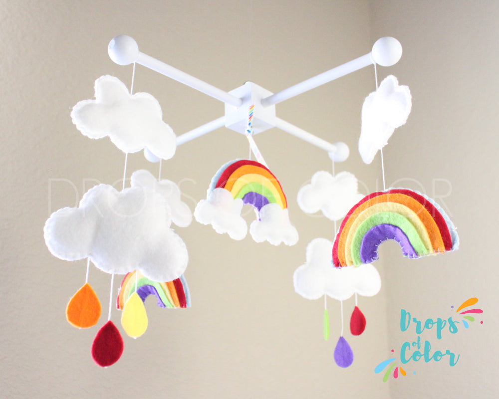 Rainbow Mobile, Baby Crib Mobile, Over the Rainbow, Clouds Raindrops, Nursery Room Decor