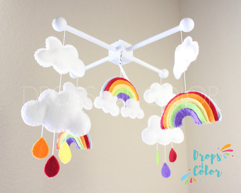 Rainbow Mobile, Baby Crib Mobile, Over the Rainbow, Clouds Raindrops, Nursery Room Decor