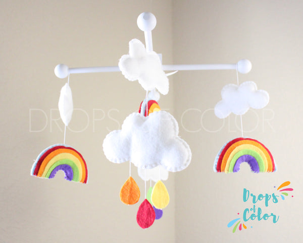 Rainbow Mobile, Baby Crib Mobile, Over the Rainbow, Clouds Raindrops, Nursery Room Decor