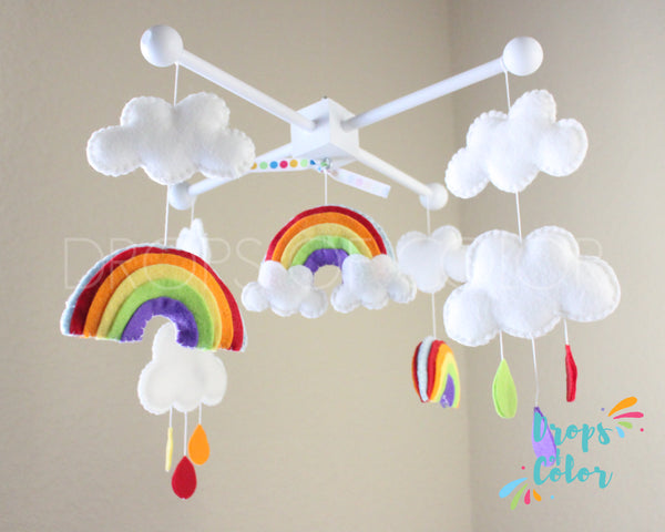 Rainbow Mobile, Baby Crib Mobile, Over the Rainbow, Clouds Raindrops, Nursery Room Decor