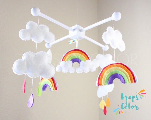 Rainbow Mobile, Baby Crib Mobile, Over the Rainbow, Clouds Raindrops, Nursery Room Decor