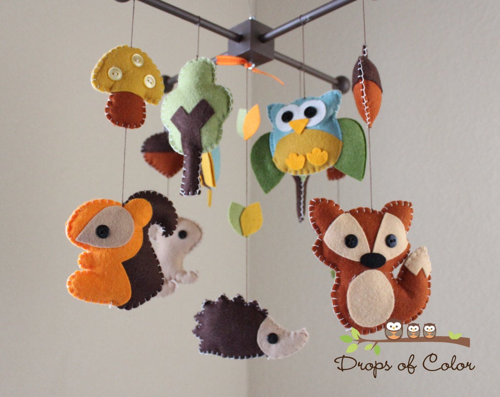 Forest Mobile, Baby Crib Mobile, Wood Forest Creatures Squirrel Rabbit Owl, Nursery Room Decor
