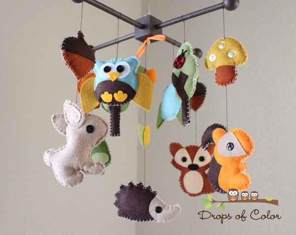 Forest Mobile, Baby Crib Mobile, Wood Forest Creatures Squirrel Rabbit Owl, Nursery Room Decor