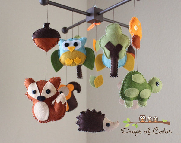 Forest Mobile, Baby Crib Mobile, Wood Forest Creatures Squirrel Rabbit Owl, Nursery Room Decor