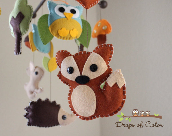 Forest Mobile, Baby Crib Mobile, Wood Forest Creatures Squirrel Rabbit Owl, Nursery Room Decor