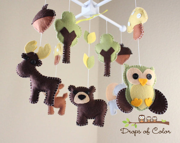 Forest Mobile, Baby Crib Mobile, Wood Forest Creatures Deer Owl Bear Nursery Room Decor