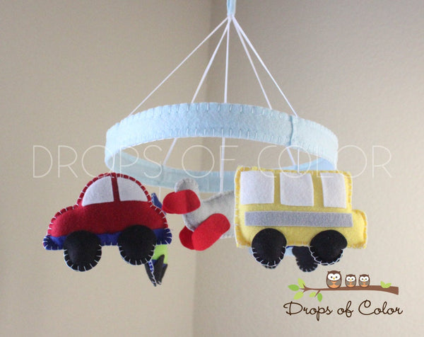Transportation Mobile, Circle Frame Baby Crib Mobile, Cars Train Boys Nursery Room Decor