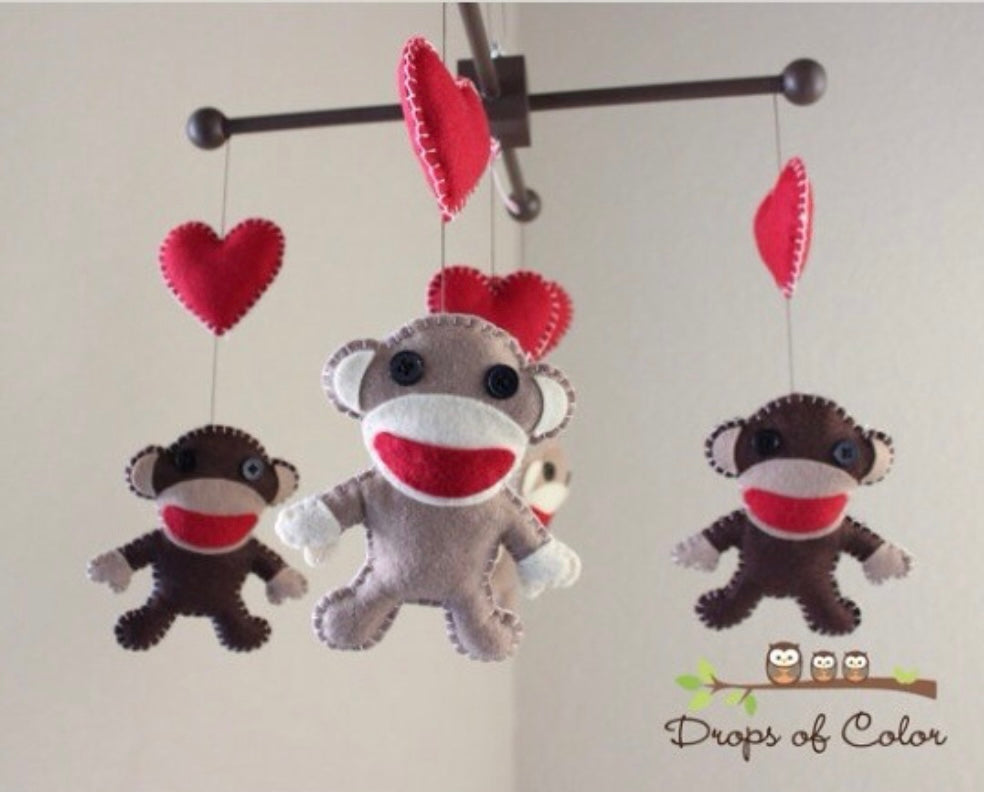 Sock Monkey Mobile, Baby Crib Mobile, Hearts Nursery Room Decor